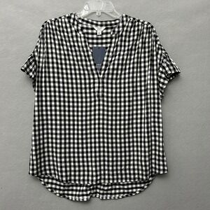 Crown & Ivy Gingham Blouse Women Small Black White Ruffle Sleeve Split Neck NEW
